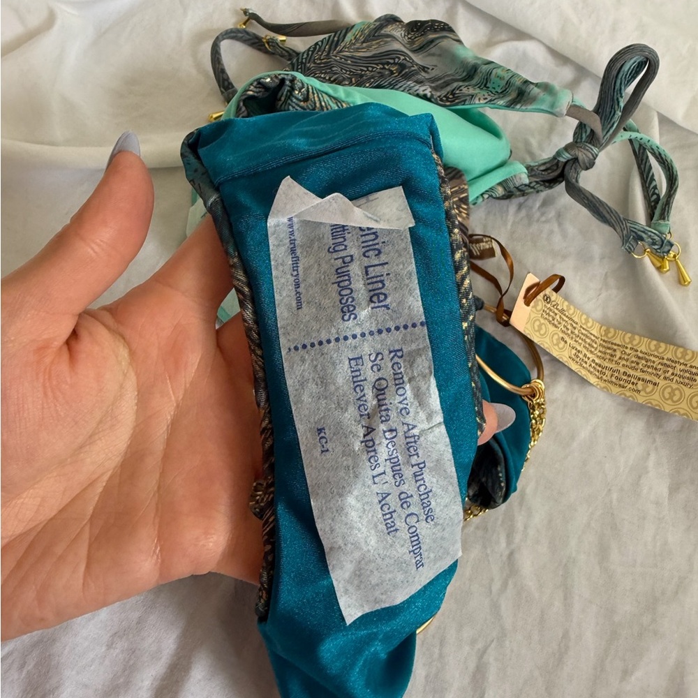 Bellissima Luxury Bikini Bottoms Teal & Bronze Feather Print Side Tie Size L NEW - Picture 13 of 16